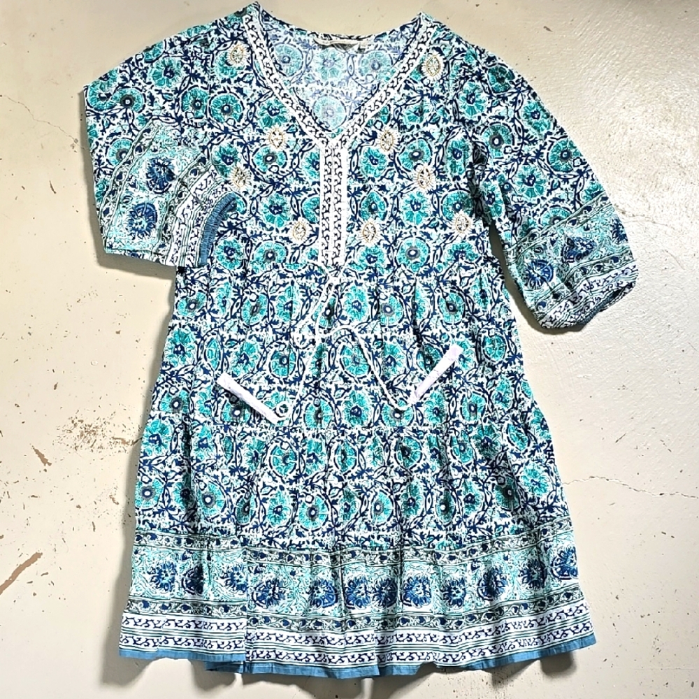 Soft Surroundings Boho Nerissa Teal Embroidered Dress Small